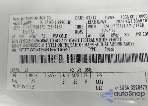 2019 Ford F-350 Xl z USA, uszkodzony, nr VIN 1FT7W3B66KEE36647